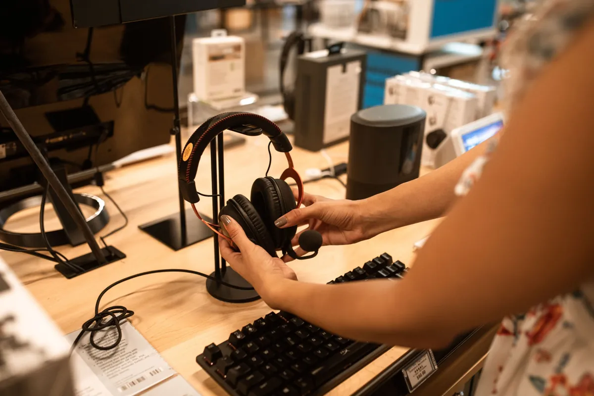 Cliente segura um headset no balcão de uma loja de eletrônicos